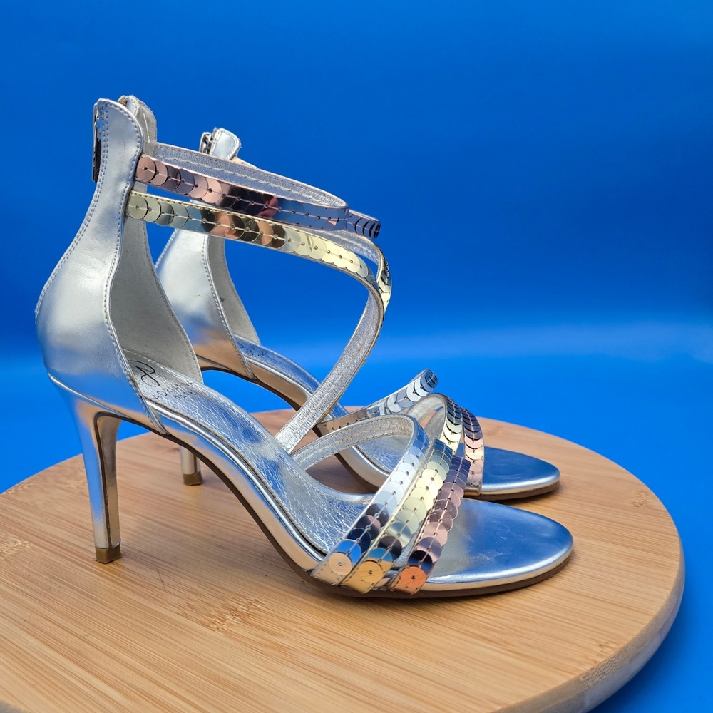 Adrianna Papell‎ Silver Sequin Strappy Heel Sandals Evening Party Shoes